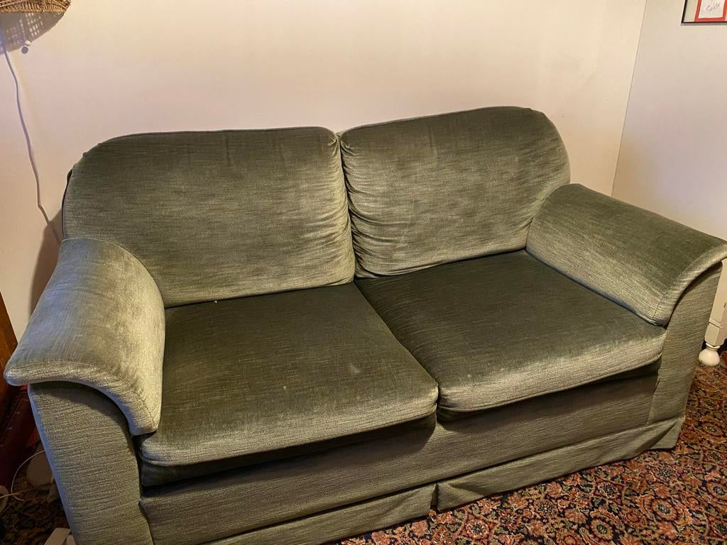 Vintage tweepersoonsbank in groen velours, Ophalen, Gebruikt, 150 tot 200 cm, Tweepersoons
