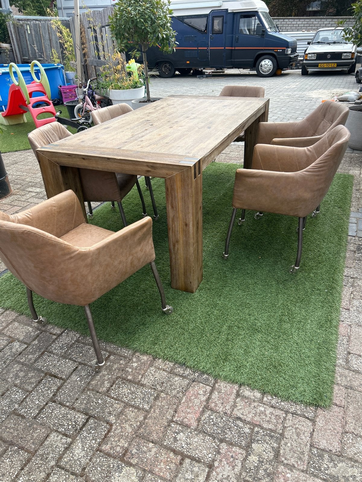 6 gebruikte stoelen met wielen, Gebruikt, Bruin, Leer, Ophalen of Verzenden