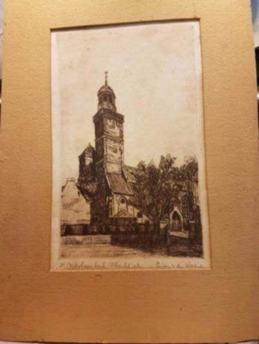 Ets St. Nicolaaskerk Utrecht C.M. v. d. Woerd., Antiek en Kunst, Ophalen