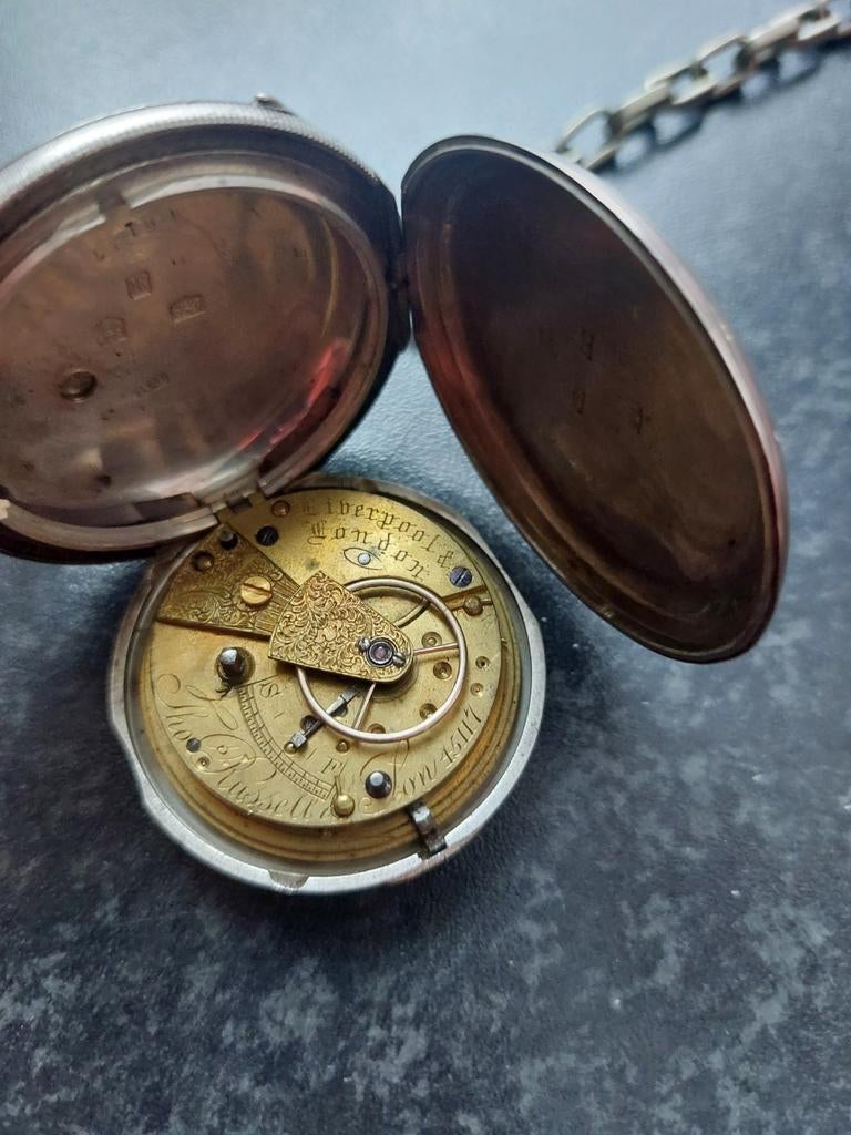 Antiek Zilveren Zakhorloge met Ketting - Liverpool/London, Sieraden, Tassen en Uiterlijk, Horloges | Antiek, Overige merken, Zakhorloge
