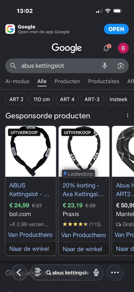 Abus Kettingslot - Zo goed als nieuw, 2 sleutels, Ophalen, Zo goed als nieuw, Kettingslot
