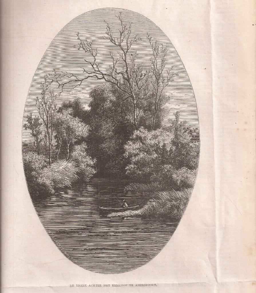 DE KREEK ACHTER HET KERKHOF TE AMERSFOORT 1873 Houtgravure, Antiek en Kunst, Gesigneerd, Stadsgezicht, Ophalen of Verzenden, Gravure