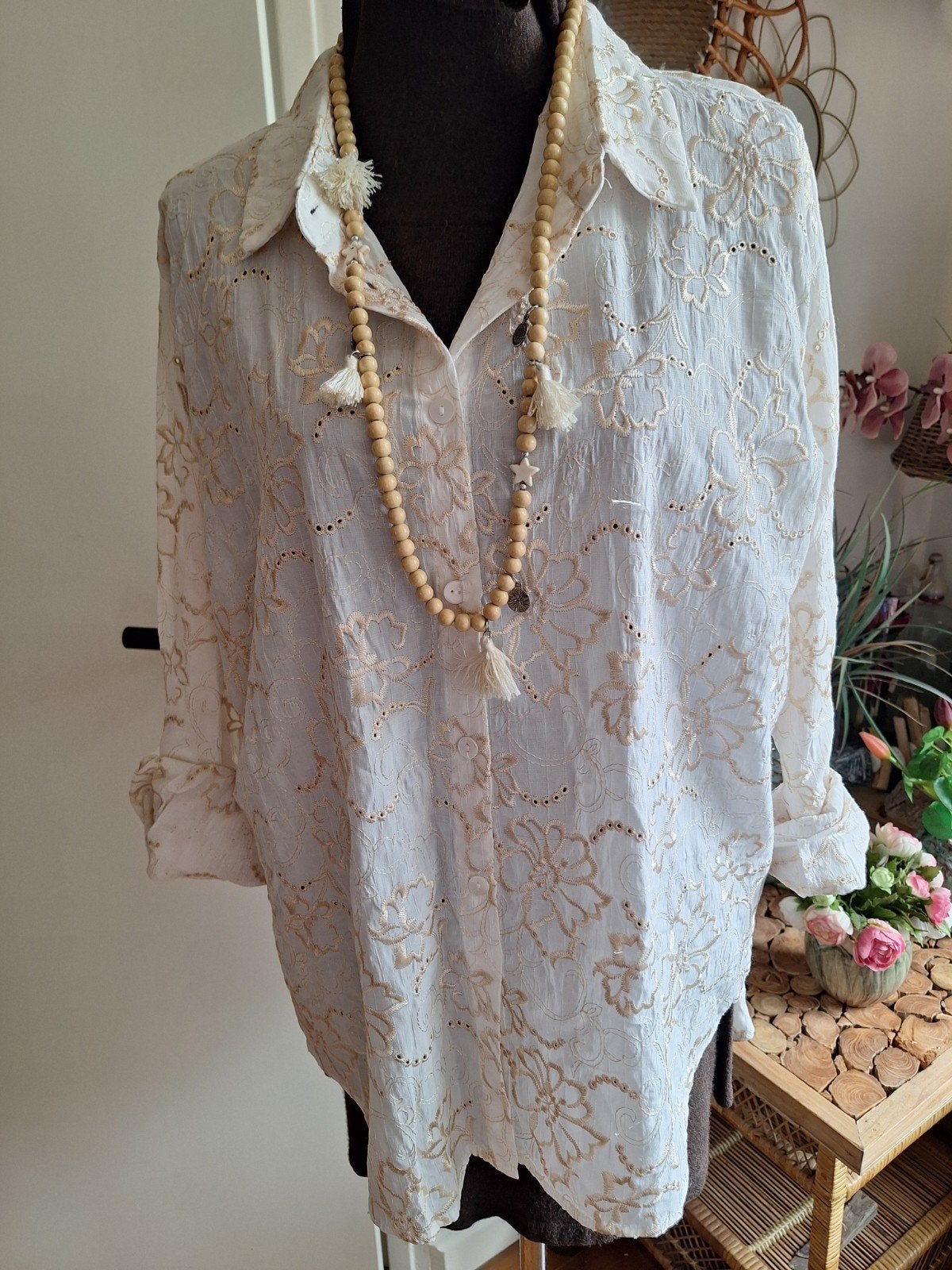 Blouse geborduurd norah 46, Ophalen of Verzenden, Zo goed als nieuw, Maat 46/48 (XL) of groter, Wit