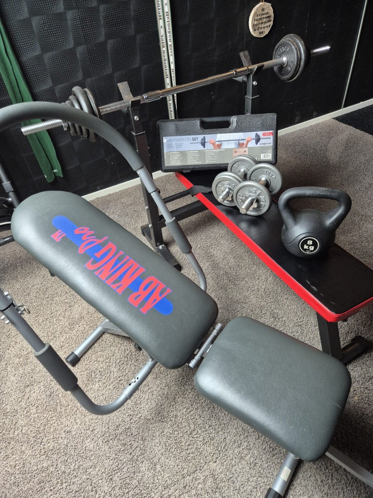 Complete Fitness Set Halters, Kettlebell, Bank & Ab King Pr, Sport en Fitness, Fitnessmaterialen, Ophalen, Gebruikt, Benen, Halterset
