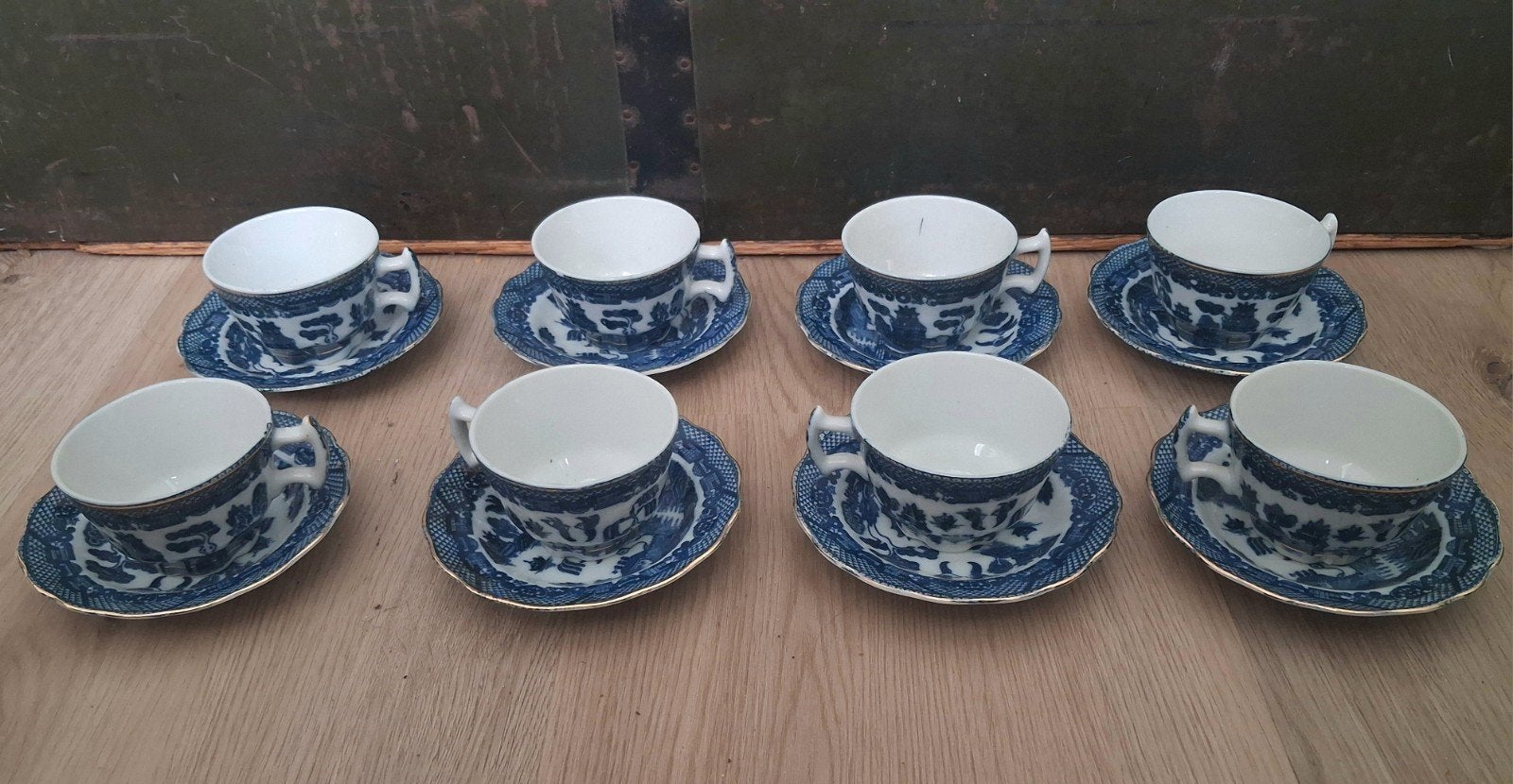 8 antieke Chinese theekopjes met schotels Blue Willow, Ophalen of Verzenden