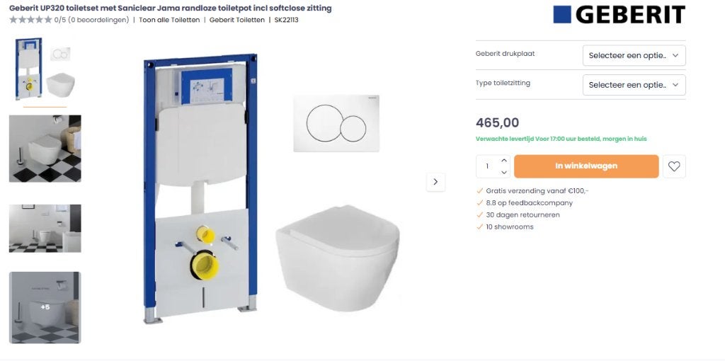 Geberit UP320 toiletset (Saniclear Jama randloze toiletpot), Ophalen, Nieuw, Steen, Toilet
