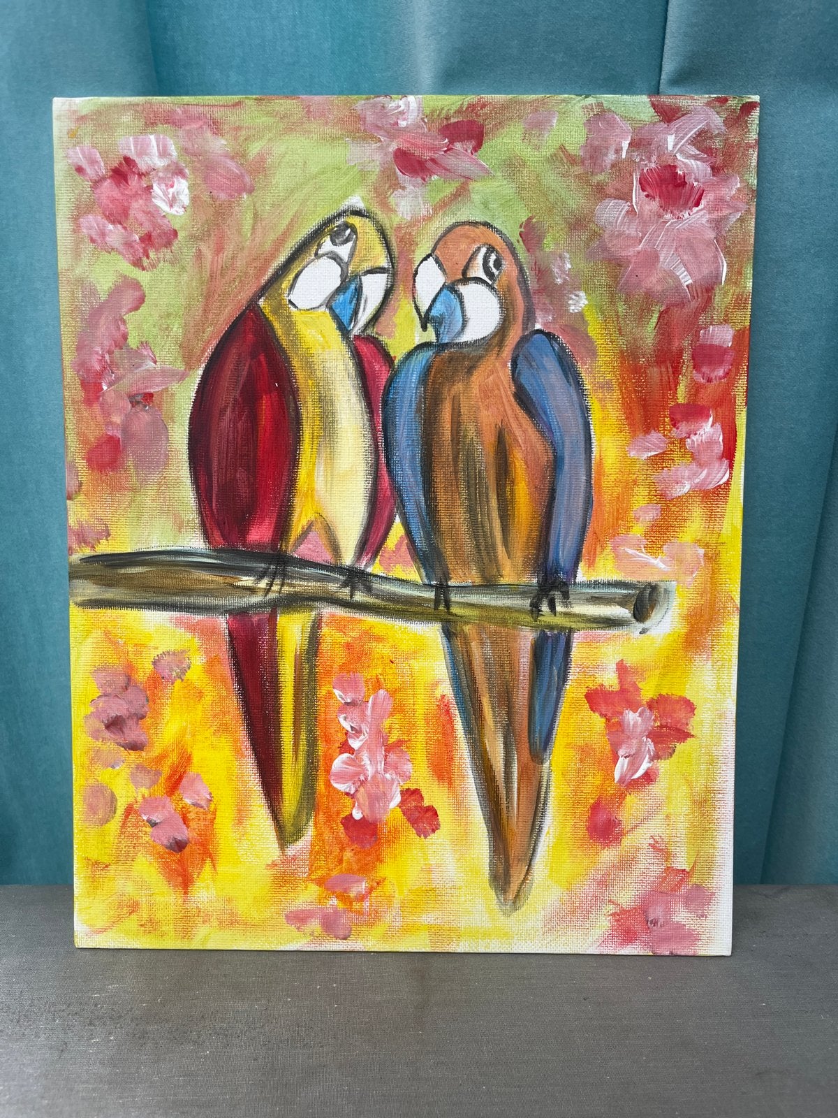 Zelf geschilderd schilderij - Twee papegaaien op tak, Acrylverf, Handgeschilderd, Ophalen of Verzenden, Dieren