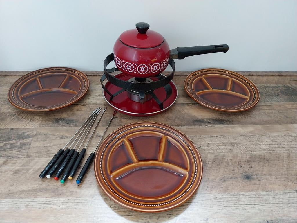 Vintage Fondue Set Rood met Borden en Vorken, Witgoed en Apparatuur, Fonduesets, Ophalen of Verzenden