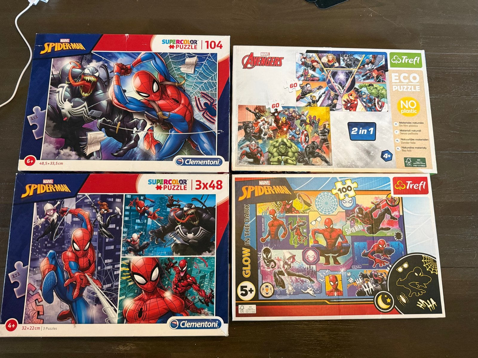4 puzzels, spiderman en marvel, Ophalen of Verzenden, Meer dan 50 stukjes, Zo goed als nieuw, 4 tot 6 jaar