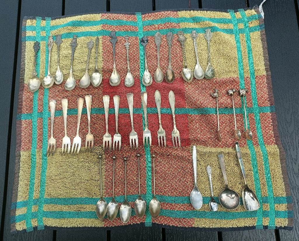 Lot van 36 vintage verzilverde zilver ? lepeltjes vorkjes, Antiek en Kunst, Ophalen of Verzenden