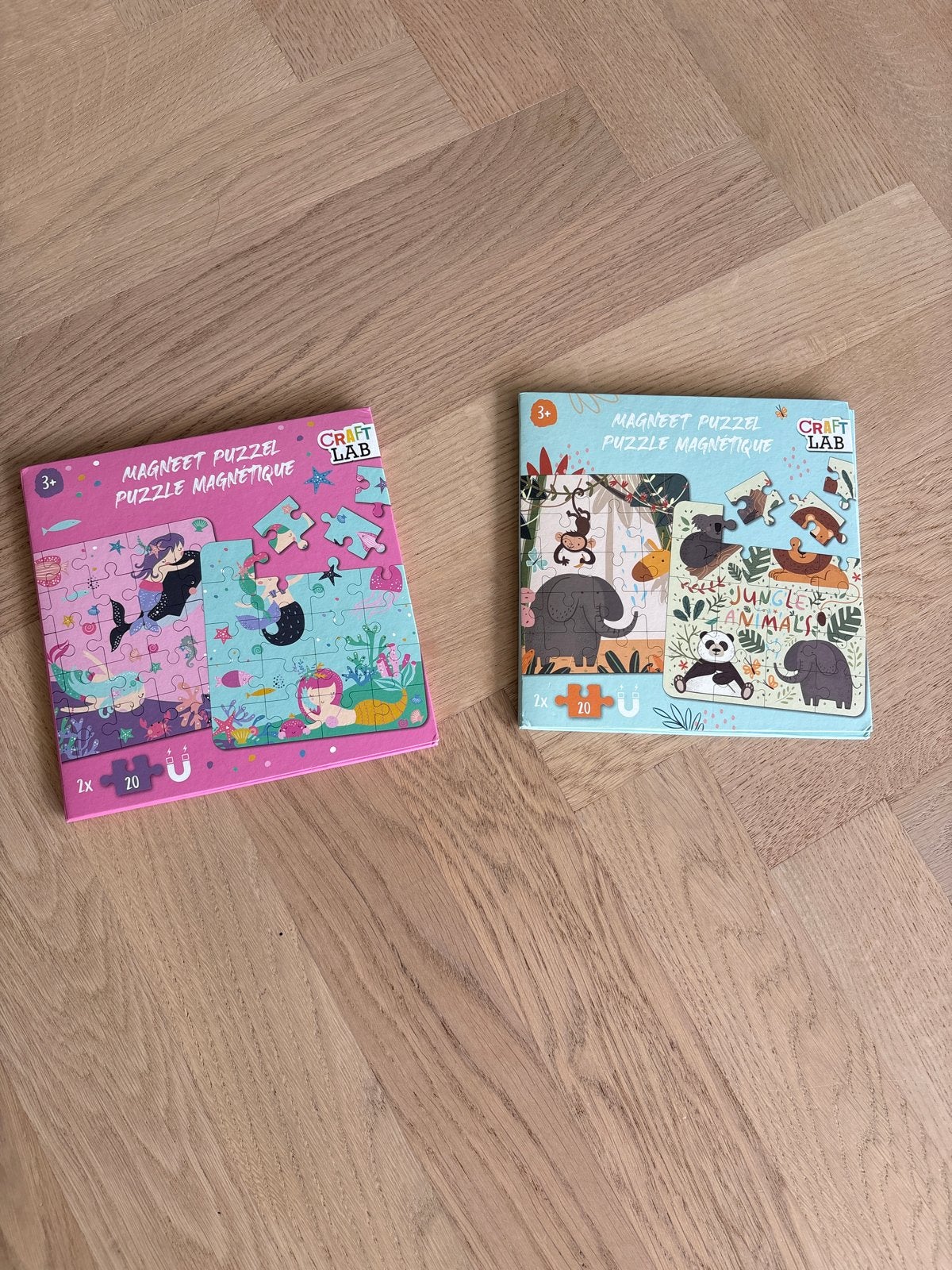 Magnetische puzzels: Zeemeerminnen en Jungle Dieren (2x20), Ophalen of Verzenden, 10 tot 50 stukjes, Zo goed als nieuw, 2 tot 4 jaar