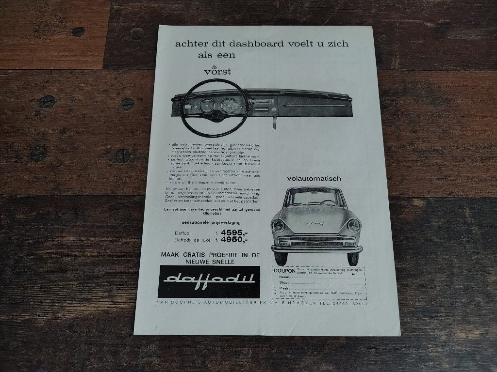 Reclame: DAF 31/ daffodil/ Variomatic (1964) 29 x 21 cm, Ophalen of Verzenden, Gebruikt, Auto's