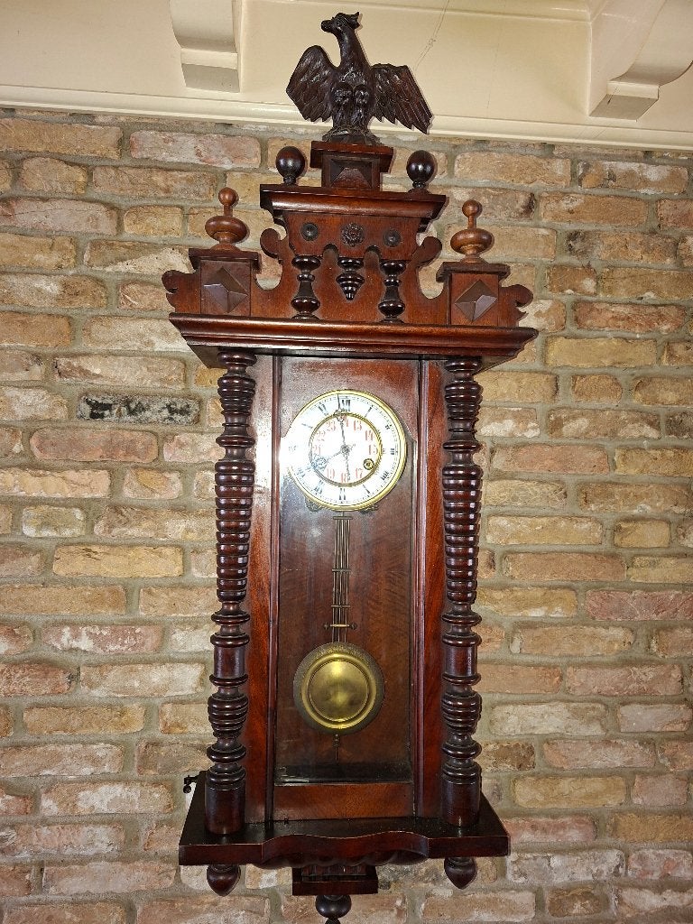 Duitse wandklok / hangklok hout regulateur slinger adelaar, Ophalen, Gebruikt