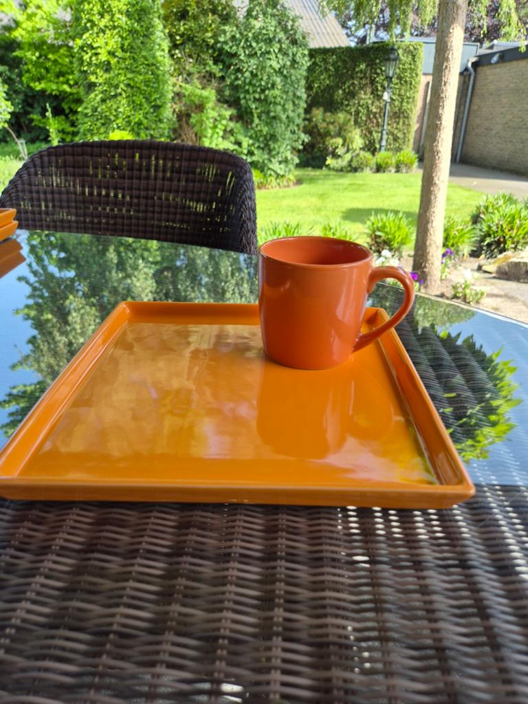 Hema Oranje Servies: 6 Kopjes en 6 Schotels vintage/retro, Keramiek, Ophalen of Verzenden, Zo goed als nieuw, Effen