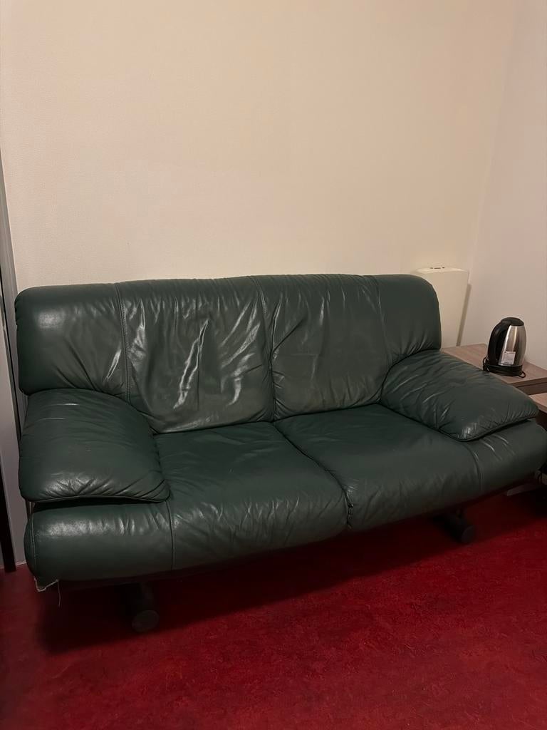 Comfortable leather sofa - Dark green, Huis en Inrichting, Gebruikt, Driepersoons, Ophalen of Verzenden, Rechte bank