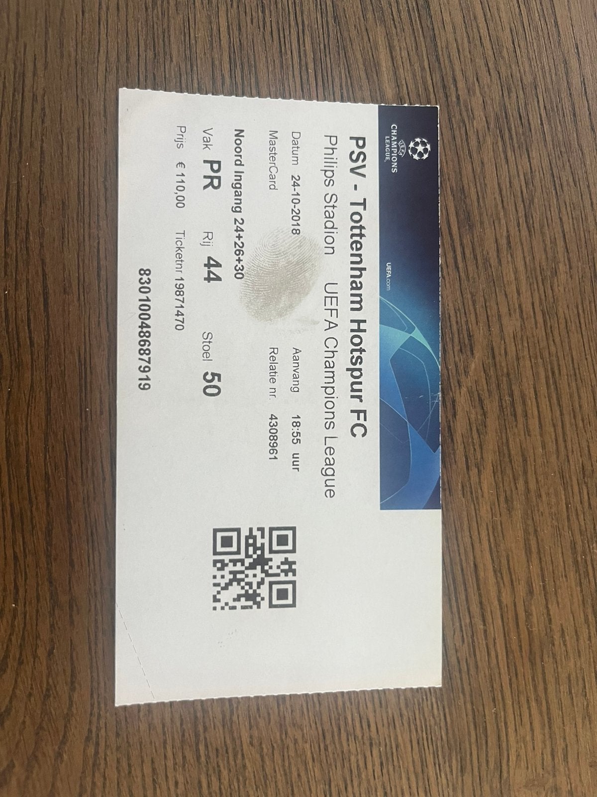 TICKET PSV-TOTTENHAM HOTSPUR 18-19 CHAMPIONS LEAGUE, Verzamelen, Ophalen of Verzenden, Zo goed als nieuw, PSV, Overige typen