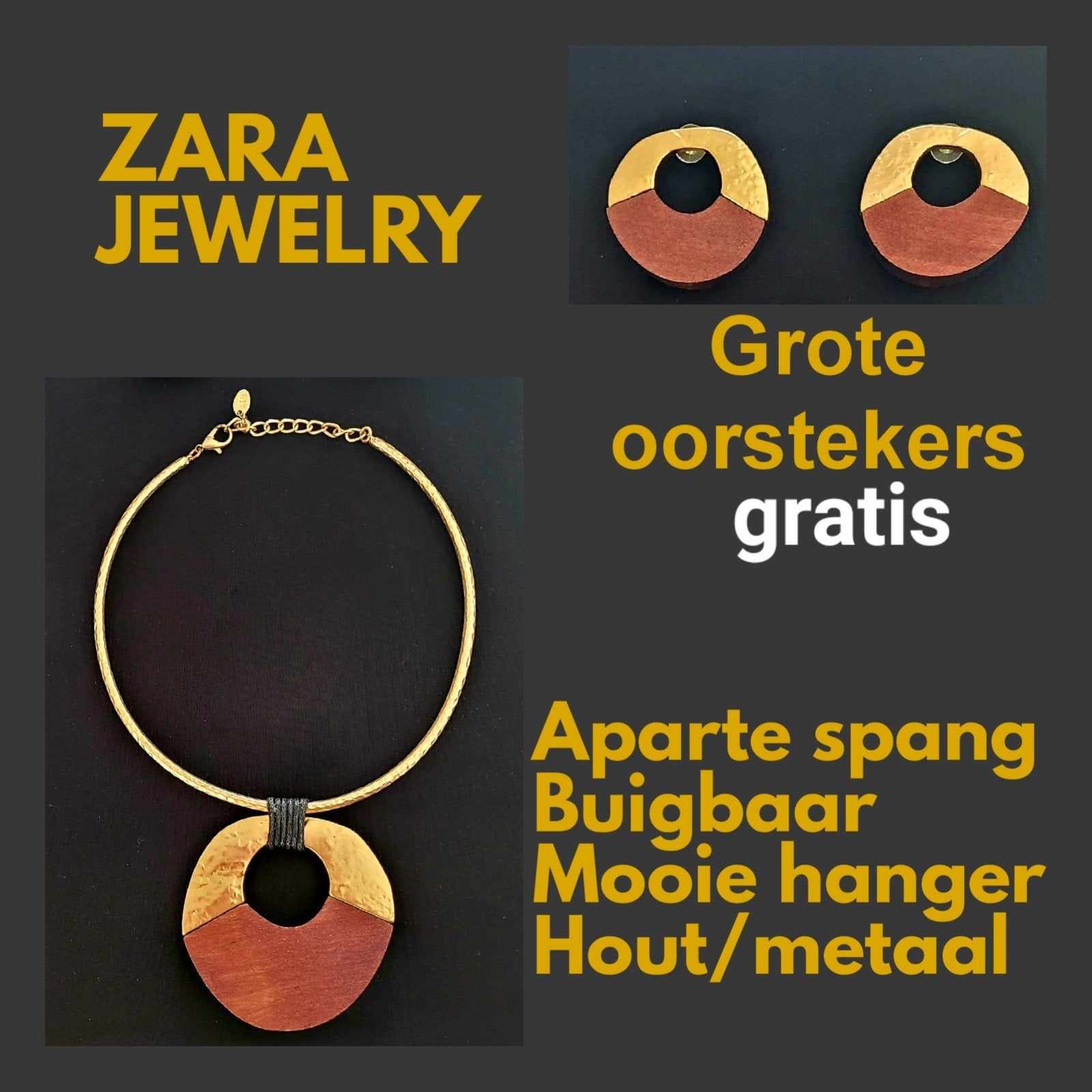 ZARA JEWELRY mooie set oorbellen en spang + hanger hout goud, Verzenden, Nieuw, Goud, Overige materialen