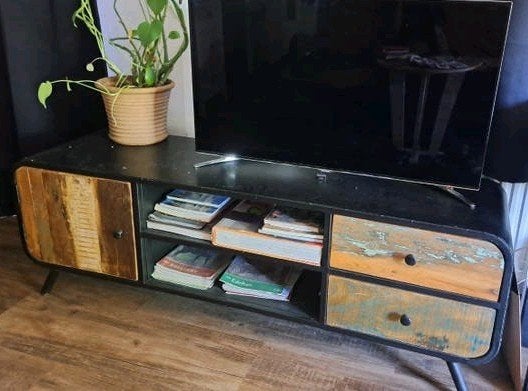 Vintage industrieel tv kast / dressoir. Deur, lades van hout, Ophalen, 25 tot 50 cm, Metaal