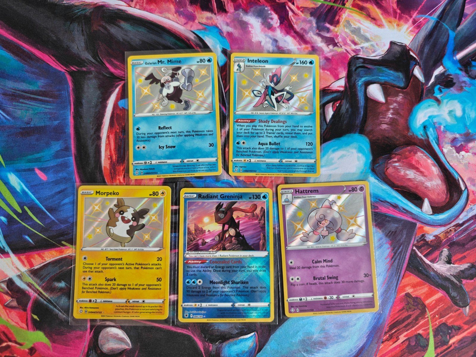 5 Pokémon kaarten: 4x Shiny Rares & Radiant Greninja, Ophalen of Verzenden, Zo goed als nieuw, Meerdere kaarten, Foil