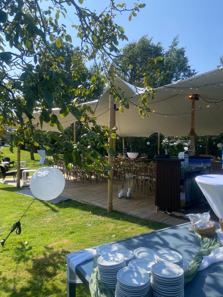 Nomadik witte stretchtent 10 x 10,5 meter – te koop, Tuin en Terras, Opvouwbaar, Overige typen, 6 meter of meer, Zo goed als nieuw