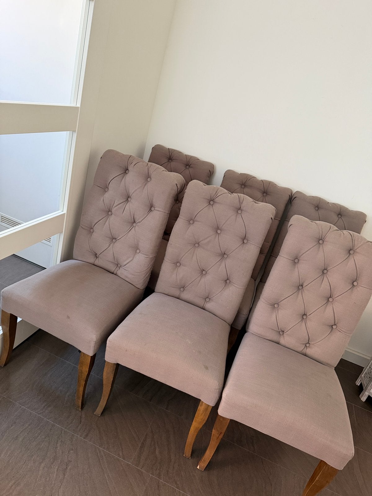 6x Dubbelman Design eetkamerstoelen / Taupe, Ophalen, Gebruikt, Vierpersoons of meer, Minder dan 150 cm