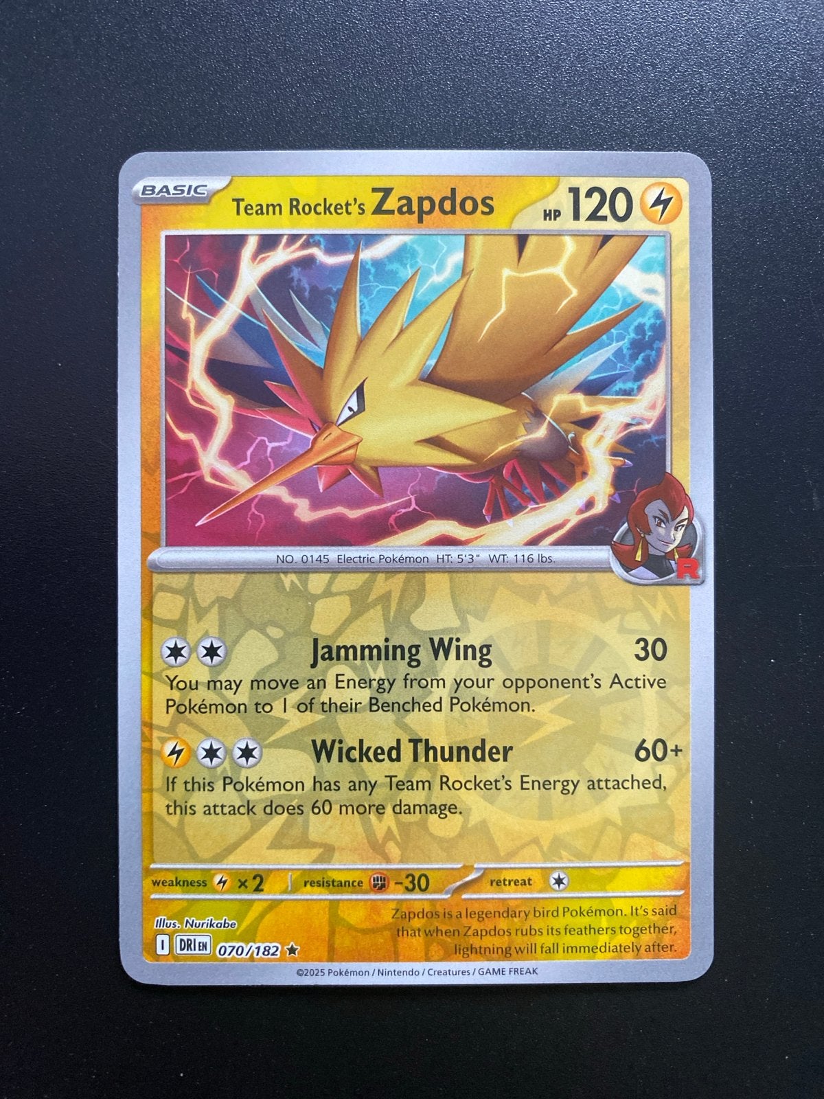 Team Rocket's Zapdos 070/182 Reverse Holo Destined Rivals, Ophalen of Verzenden, Zo goed als nieuw, Losse kaart, Foil