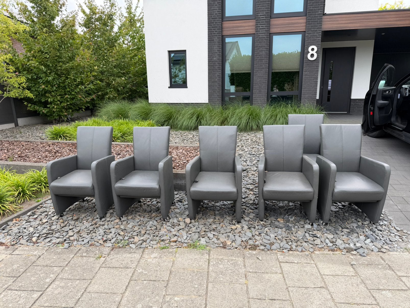 6x leren eetkamerstoel op wieltjes, Huis en Inrichting, Stoelen, Ophalen, Gebruikt, Grijs, Vijf, Zes of meer stoelen