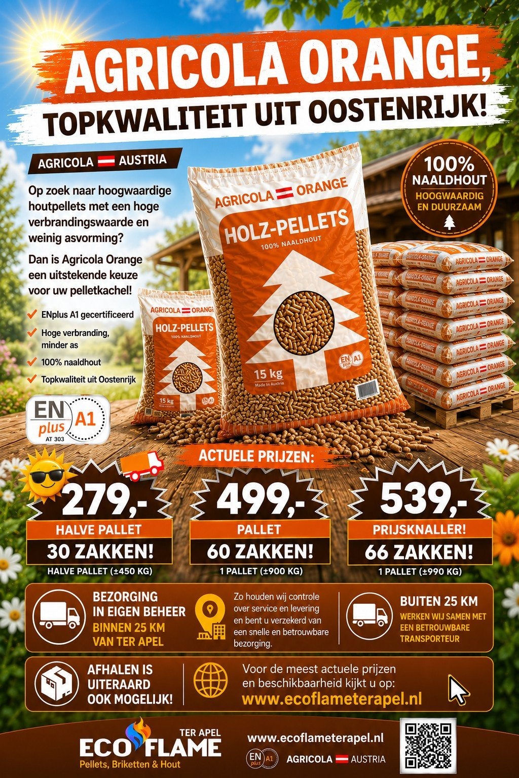 🔥AGRICOLA  ORANGE🔥 Kwaliteit Houtpellets uit Oostenrijk!, 6 m³ of meer, Ophalen of Verzenden, Overige houtsoorten