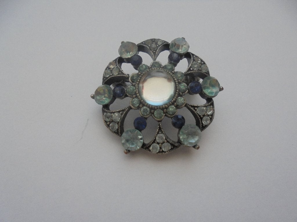 Vintage ronde broche, Overige materialen, 4 tot 7 cm, Blauw, Ophalen of Verzenden