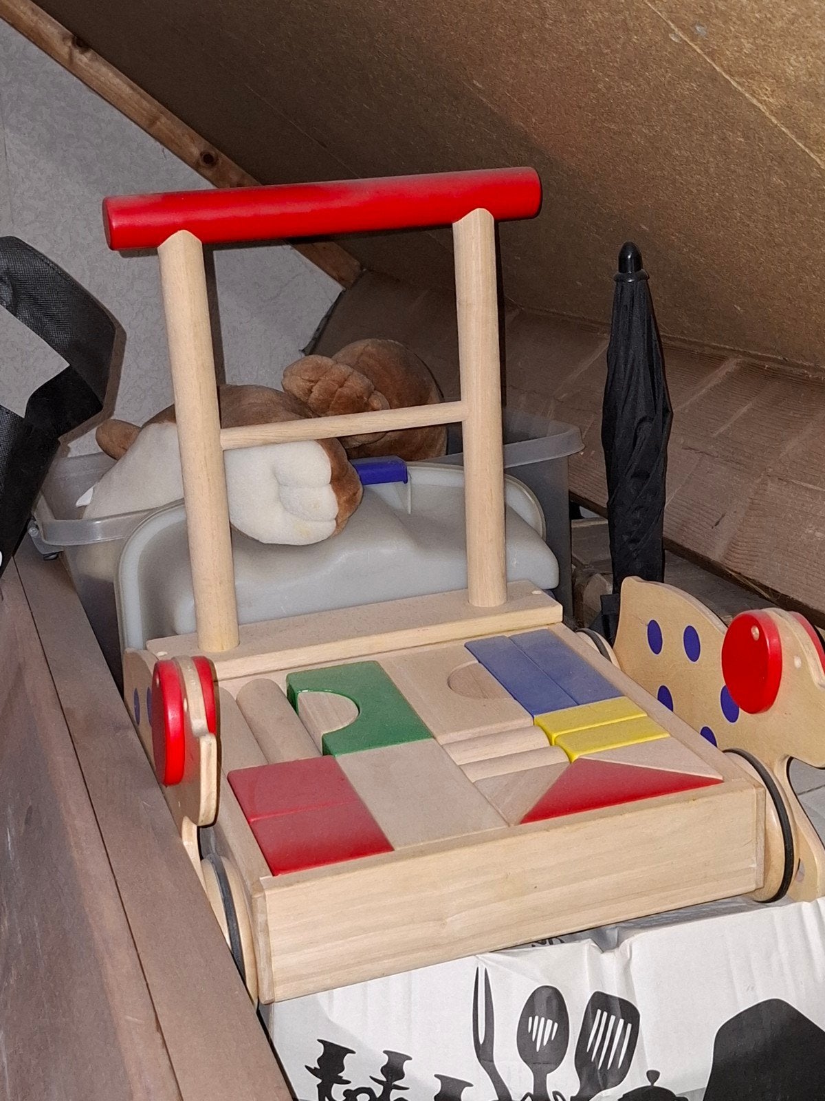 Houten loopwagen met blokken en bewegende hondjes, Ophalen of Verzenden