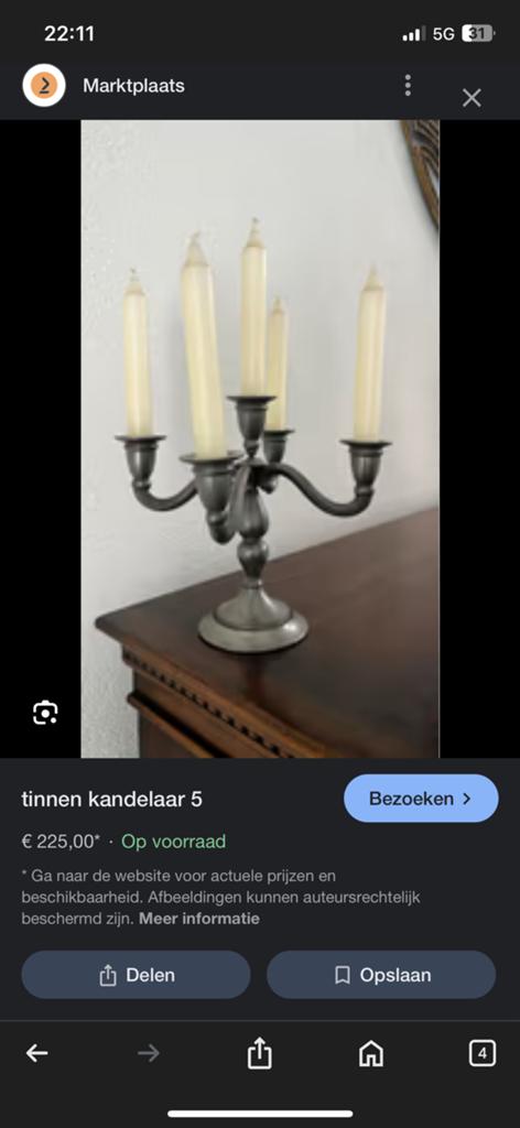 Antieke tinnen kandelaar voor 5 kaarsen, Antiek en Kunst, Antiek | Kandelaars, Overige materialen, Ophalen of Verzenden