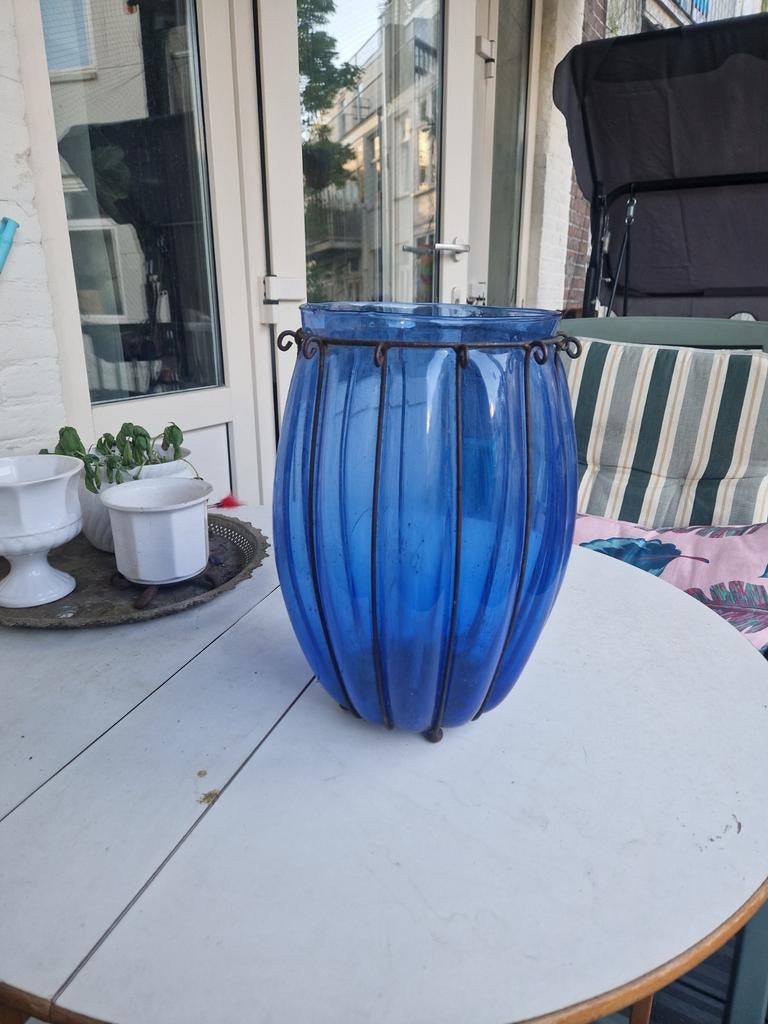 Glazen windlicht voor binnen of buiten groot, Overige materialen, Gebruikt, 25 tot 50 cm, Blauw