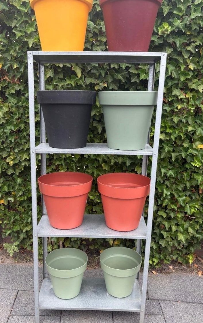Gegalvaniseerde Tuinrek met Hardplastic Vazen, Gebruikt, Balkon, Metaal, Rechthoekig