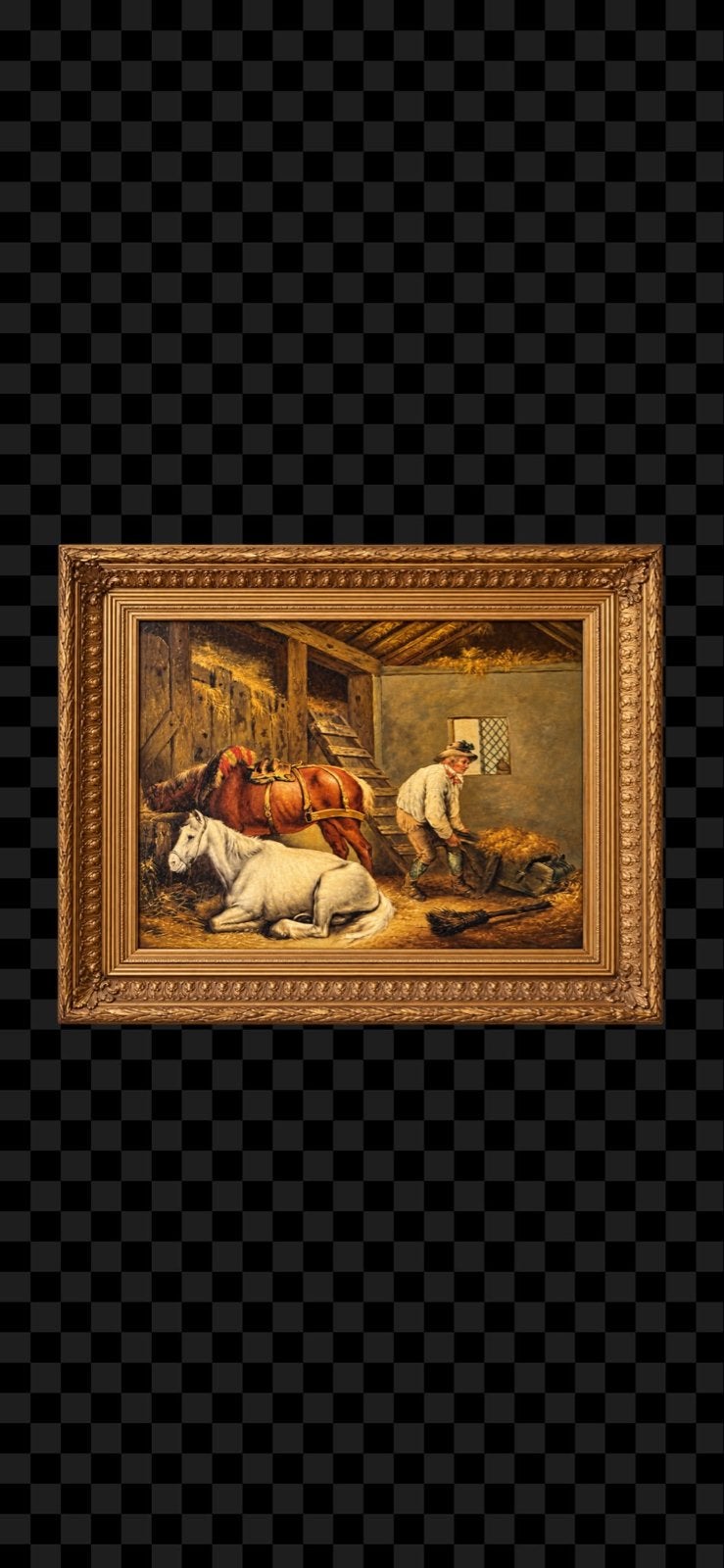 Klassiek schilderij: Boer met paarden in stal, Ophalen, Doek, Dieren, Handgeschilderd