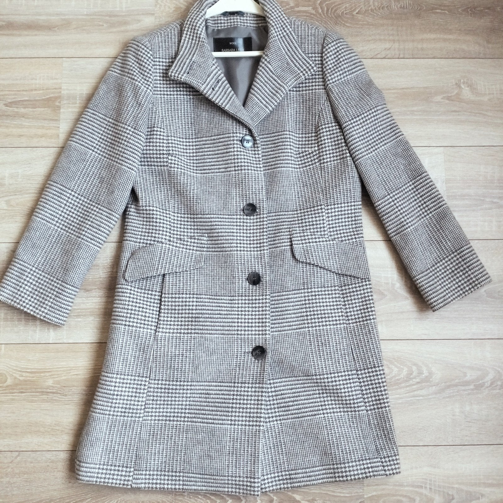 BARBARA LEBEK mantel mt 38 taupe geruit zgan  wol, Maat 38/40 (M), Overige kleuren, Barbara lebek, Nieuw