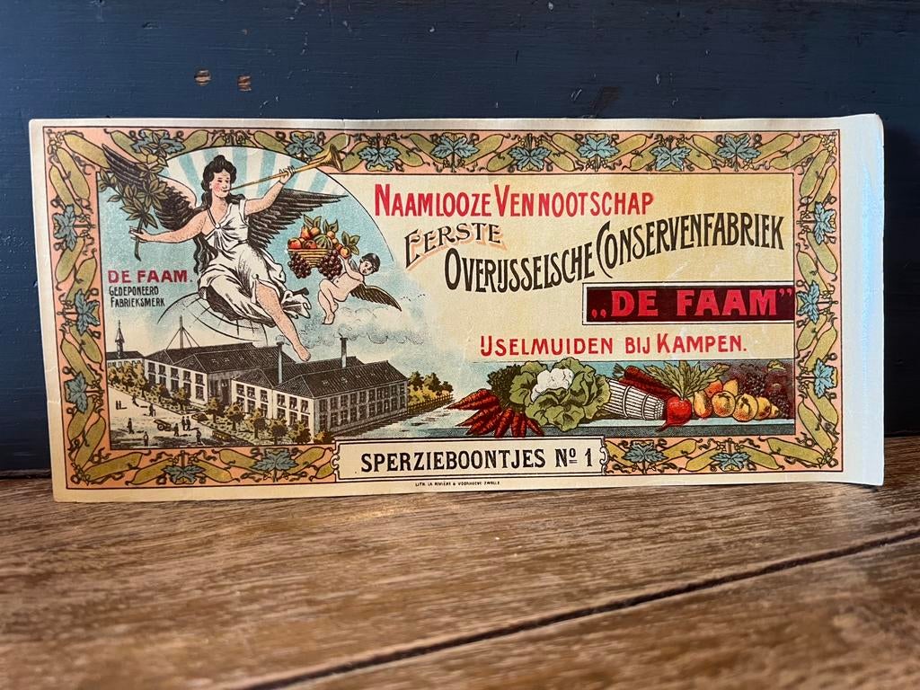 Oud conservenetiket De Faam sperzieboontjes, Ophalen of Verzenden, Gebruikt, Overige typen