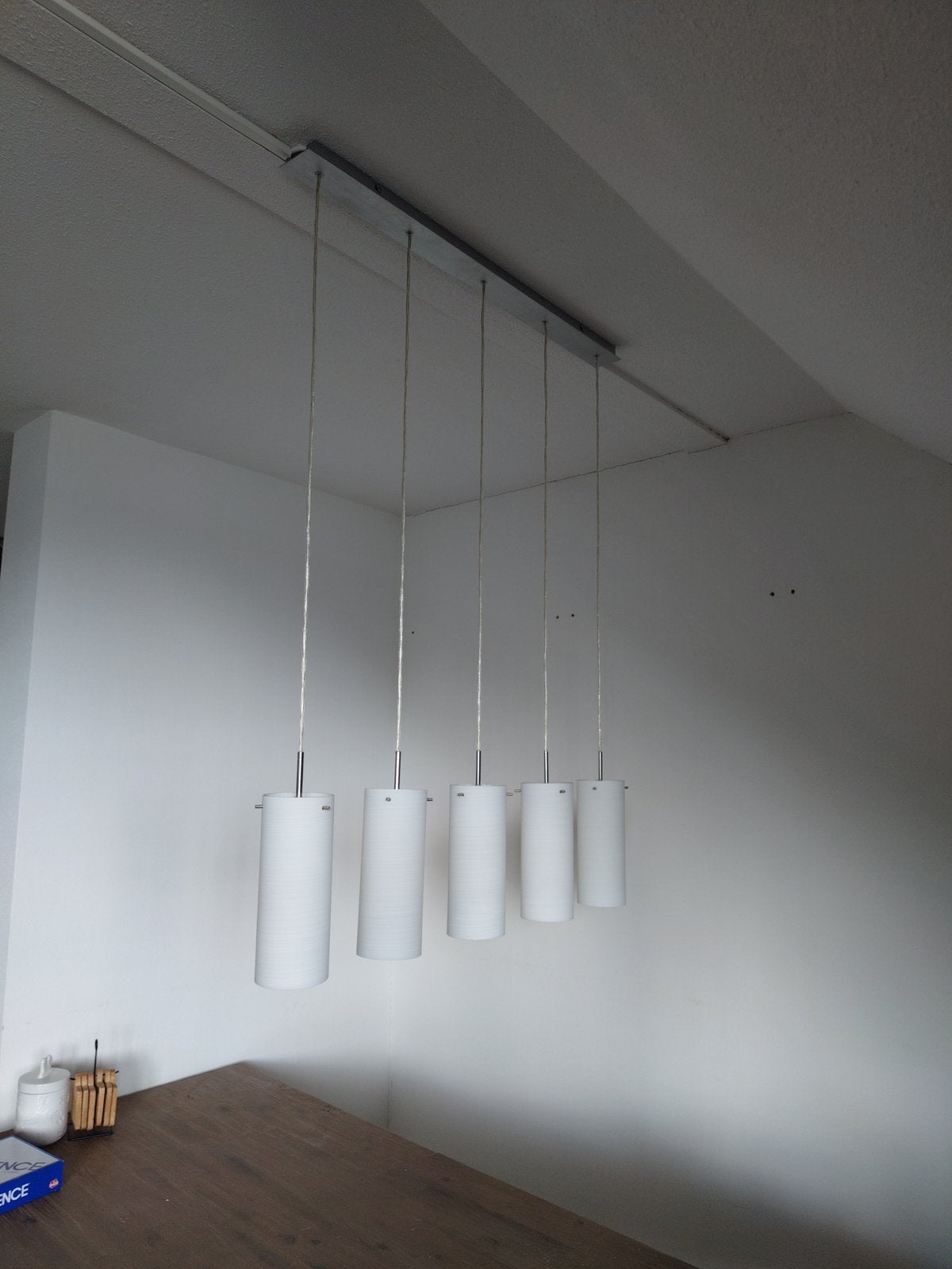 Witte 5 glazen hanglamp van 90cm breed, Ophalen, Zo goed als nieuw, Glas