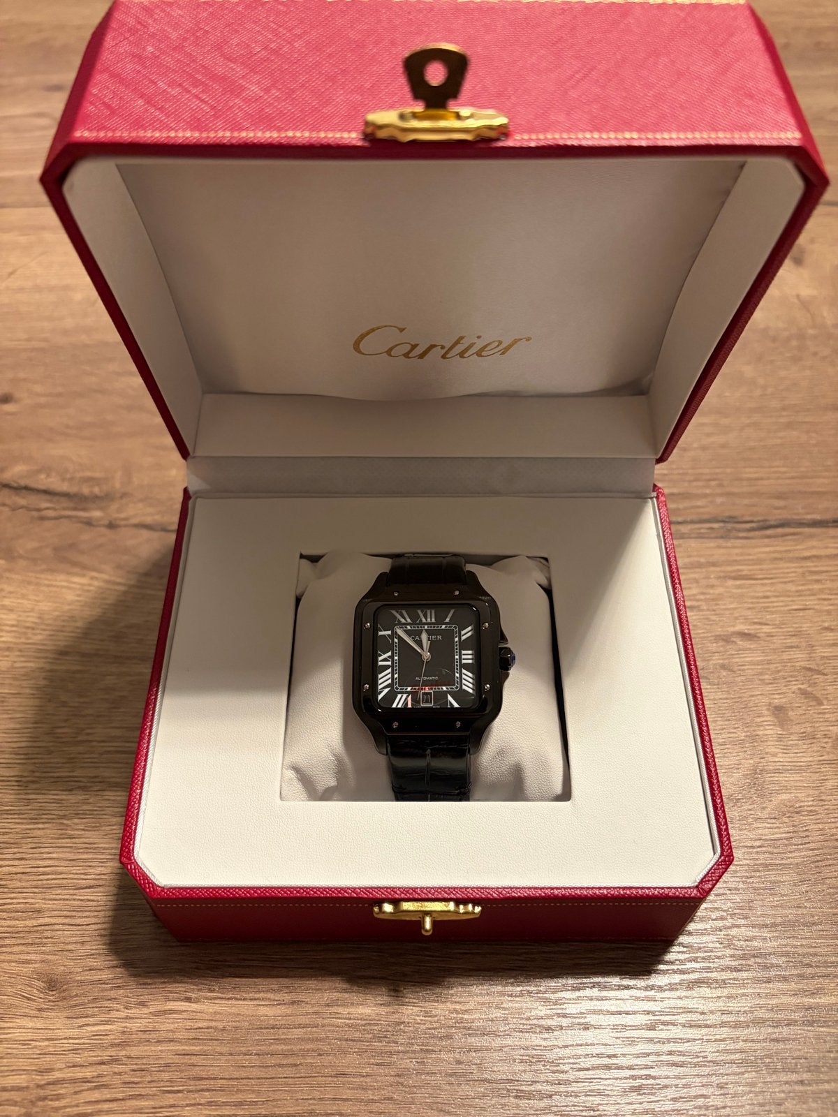 Cartier Santos De Santos 100 Carbon -Zwart-, Overige merken, Leer, Staal, Polshorloge