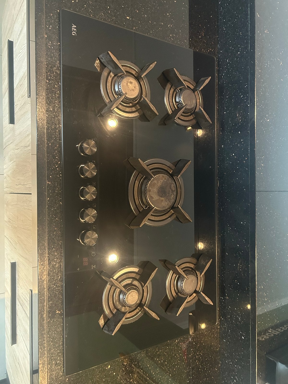 AEG kookplaat glas met 5 kookzones en AEG RVS afzuigkap, Ophalen, Gebruikt, Inbouw, Gas
