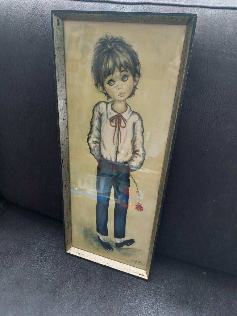 Vintage in glaslijs van een big eyes jongen met roos, Ophalen of Verzenden