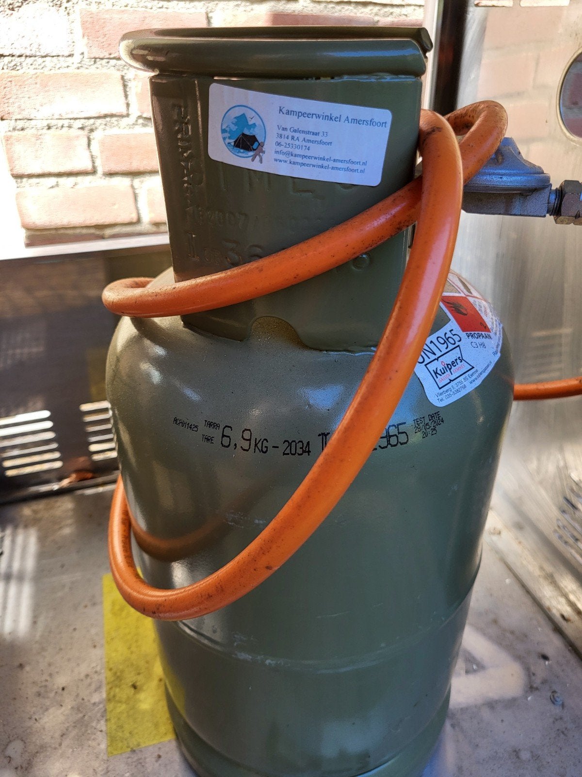 6,9 ltr gasfles met slang en drukr. tot 2034, bijna vol., Ophalen, Zo goed als nieuw