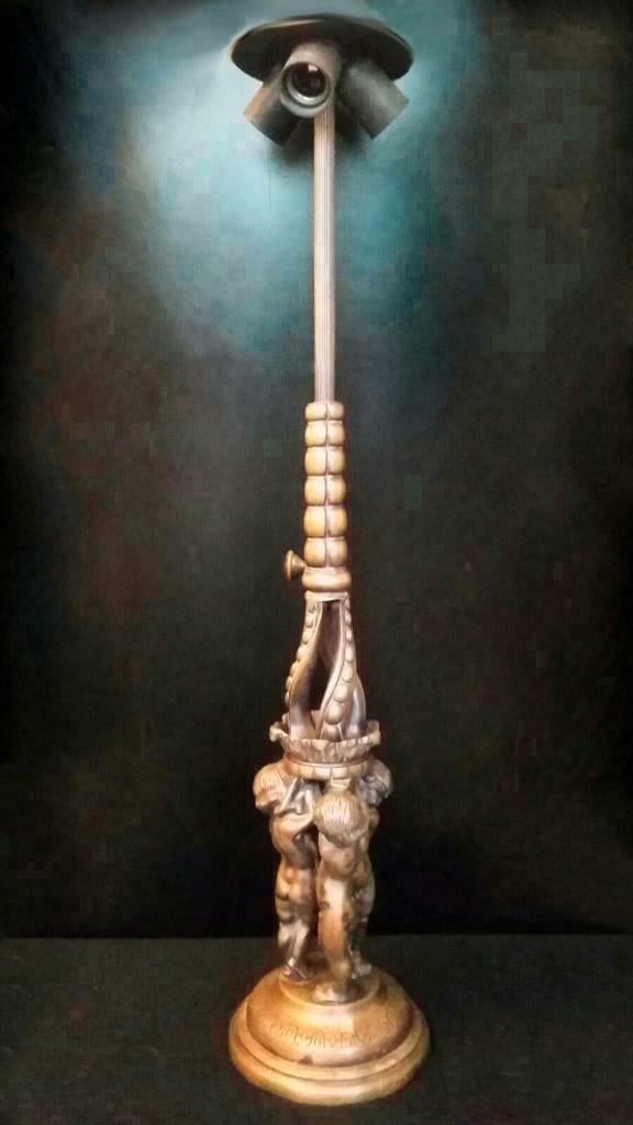 Antiek bronzen tafellamp Drie puttis Tutti lamp Cupid lamp, Ophalen of Verzenden, Brons