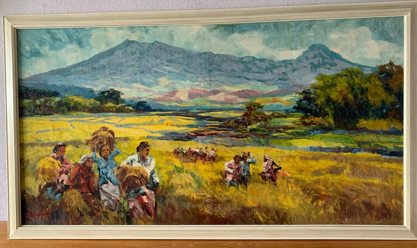 Groot Schilderij: Oogsttaferelen met Berglandschap, Ophalen, Doek, Realistisch, Gesigneerd