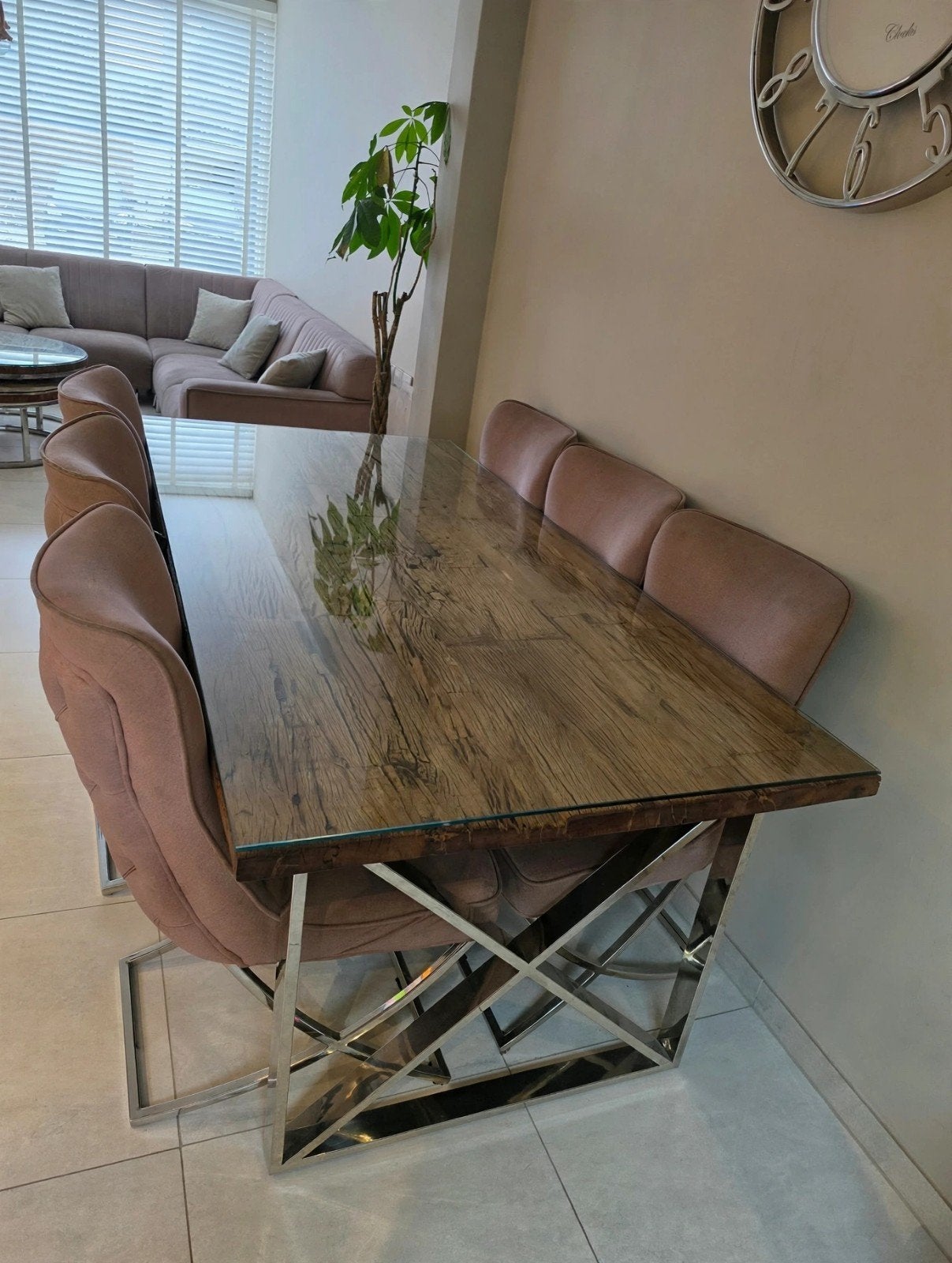 richmond eettafel met 6 eetstoelen en 2 ronde salontafels me, Ophalen of Verzenden, Gebruikt, Overige houtsoorten