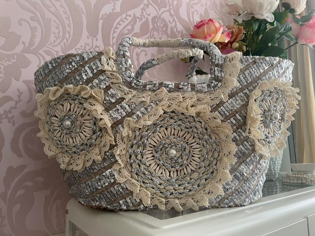 Nieuwe strandtas, rits, schelpen, zilver, beige, vlechtwerk, Ophalen, Nieuw