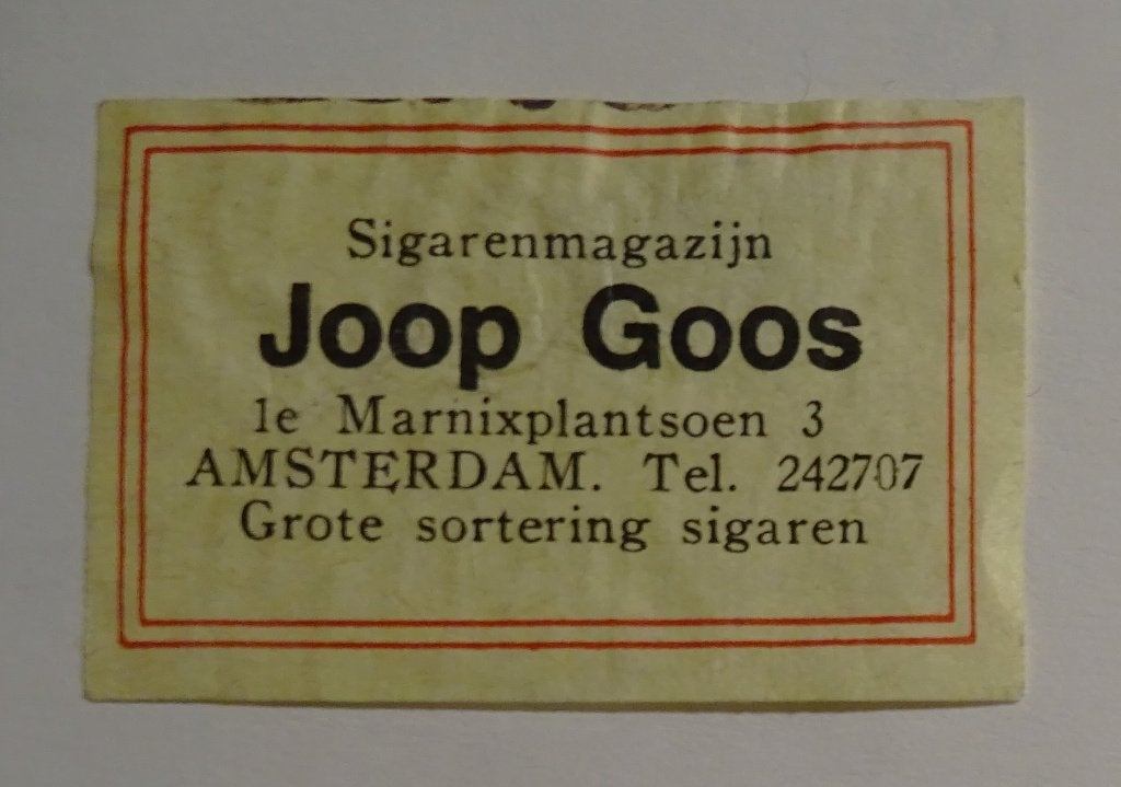 JOOP GOOS   Sigarenmagazijn    AMSTERDAM, Verzamelen, Verzenden, Zo goed als nieuw, Luciferdoosjes of -merken