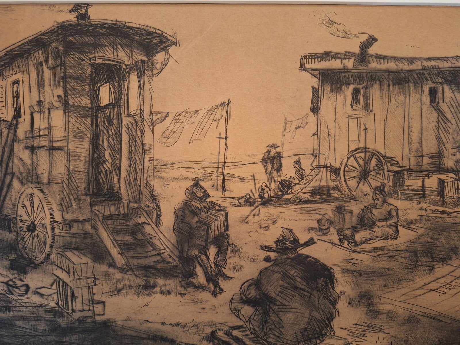 Ets van woonwagens door G. Quenzel, Dagelijks leven, Ets, Ophalen of Verzenden, Gesigneerd