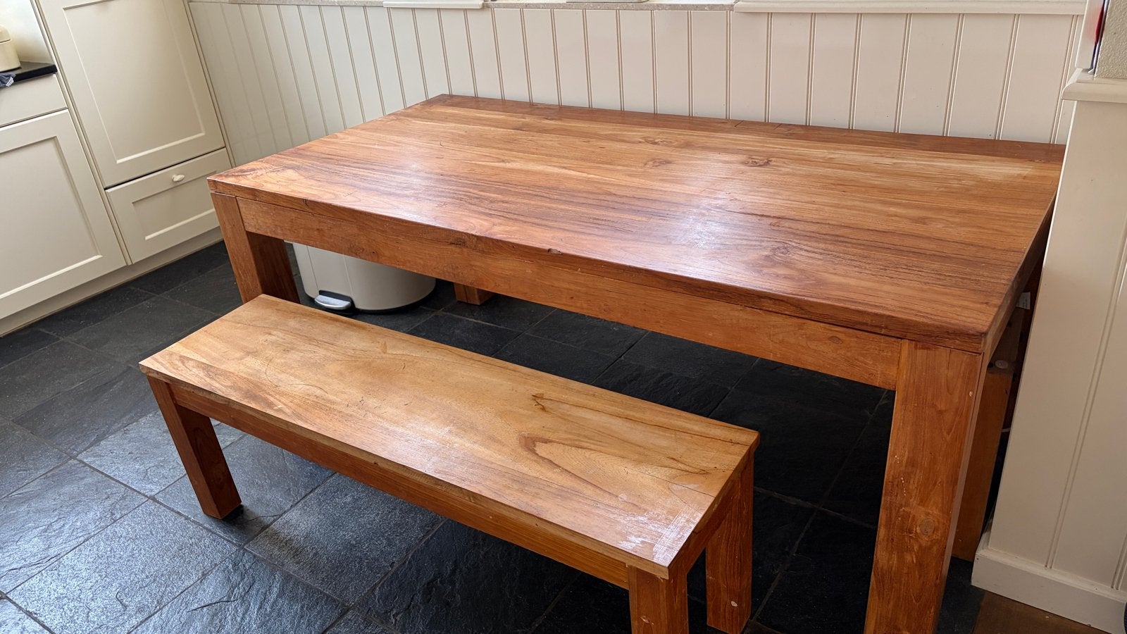 Teak eettafel (200x100 cm) met bijpassend bankje, Huis en Inrichting, Ophalen, 200 cm of meer, Zo goed als nieuw, 25 tot 50 cm