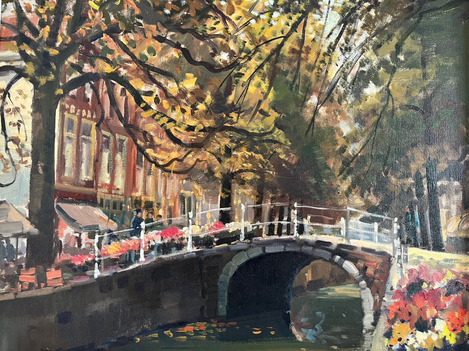 Schilderij bloemenmarkt Delft (?) in klassieke lijst, Ophalen