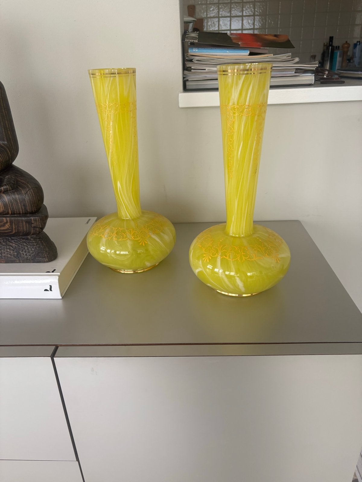 Set van 2 vintage Murano glazen vazen, geel met goud, Ophalen